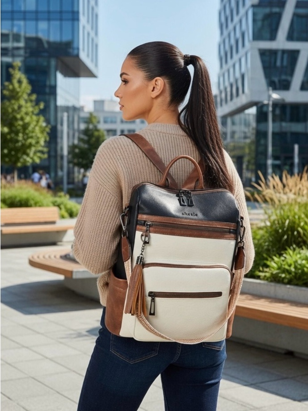 Shrrie Vegan Leather Backpack Neutral Cream Brown Travel Laptop Bag